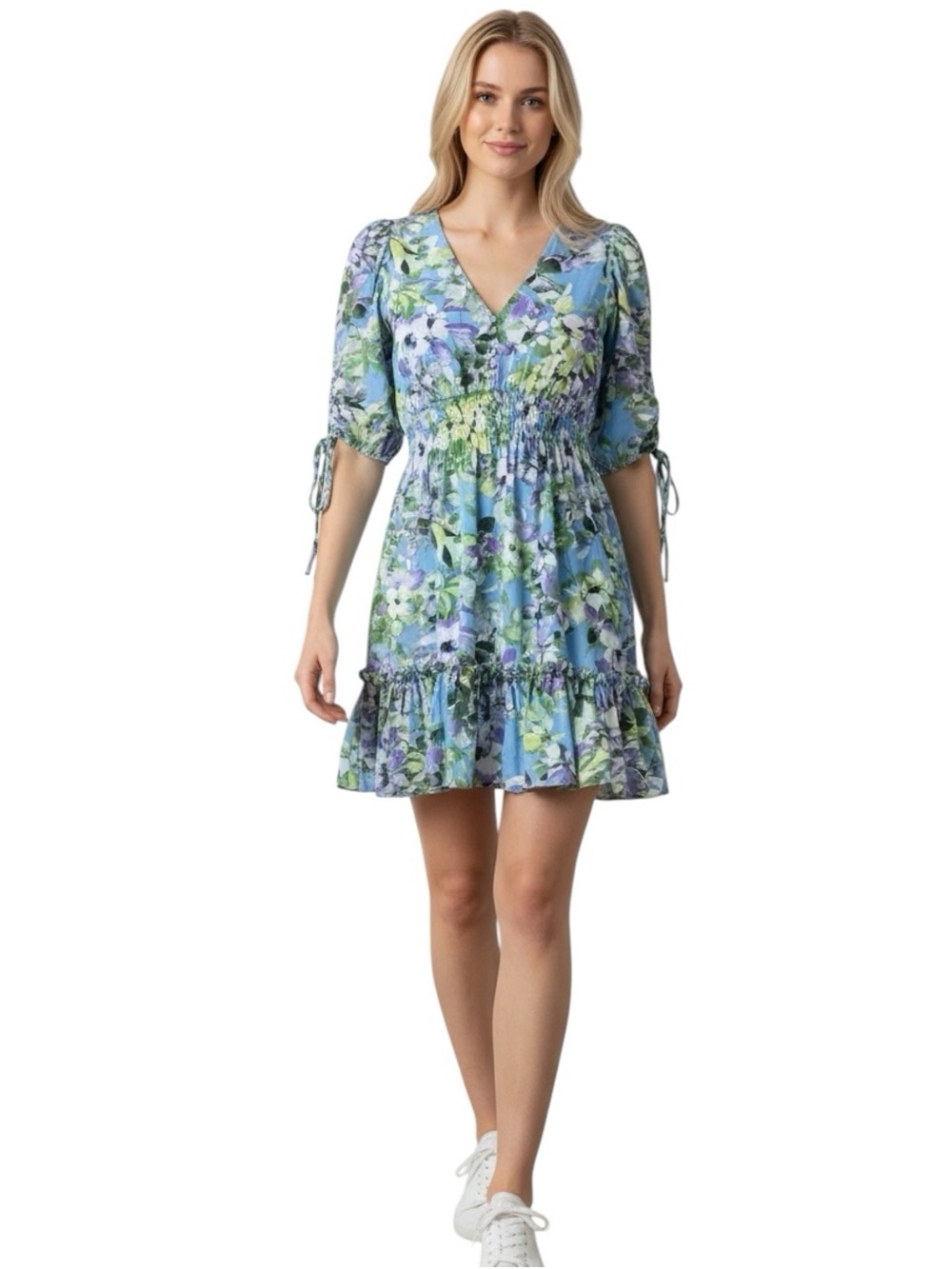 Taylor multicolor floral print ruffle detail ¾ sleeve mini dress size 8